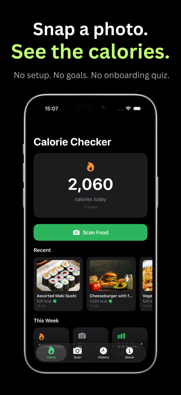 Calorie Checker home screen showing daily calorie dashboard and recent food scans
